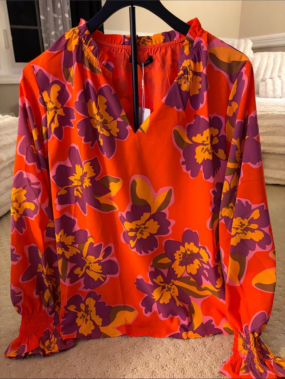 Orange Floral V-Neck Long-Sleeve Blouse